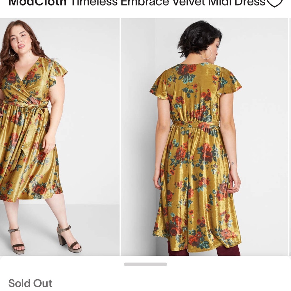 Modcloth A Line velvet Mustard Floral Wrap Midi Dress Small New without tag - Picture 3 of 10